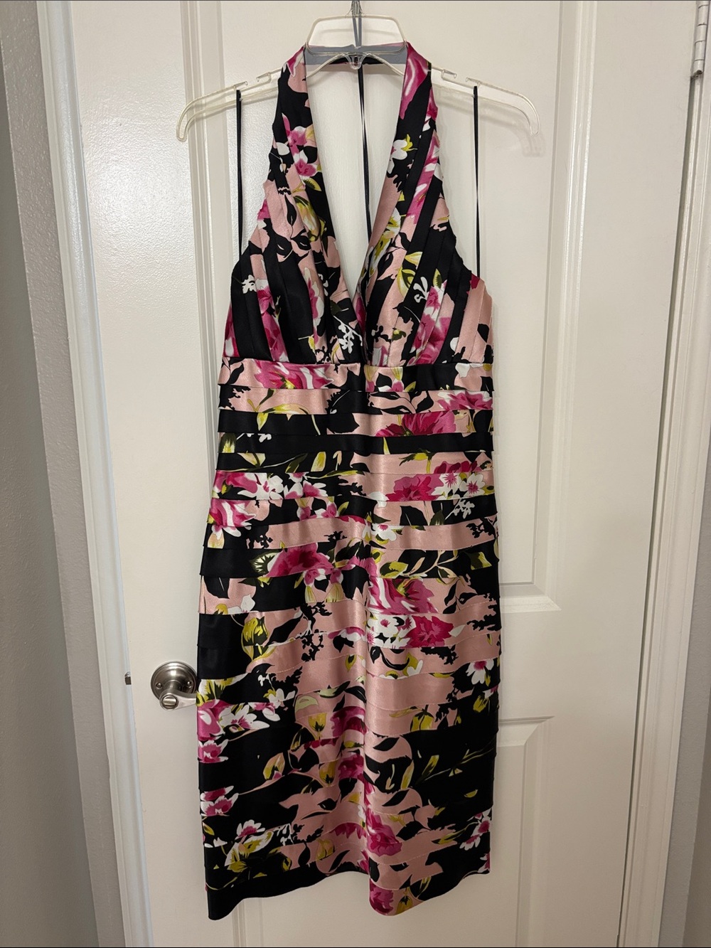 JS Collections Black and Pink Floral Halter Satin Cocktail Dress